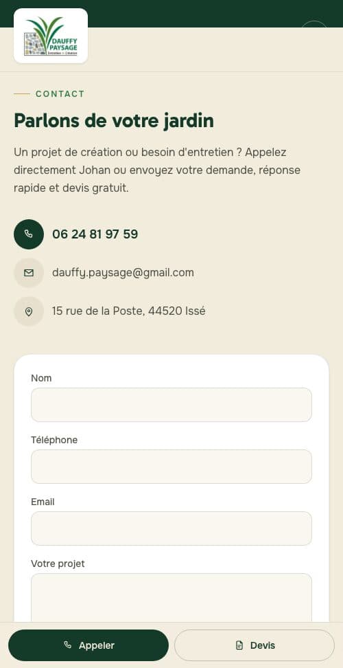 Page de contact du site Dauffy Paysage sur téléphone